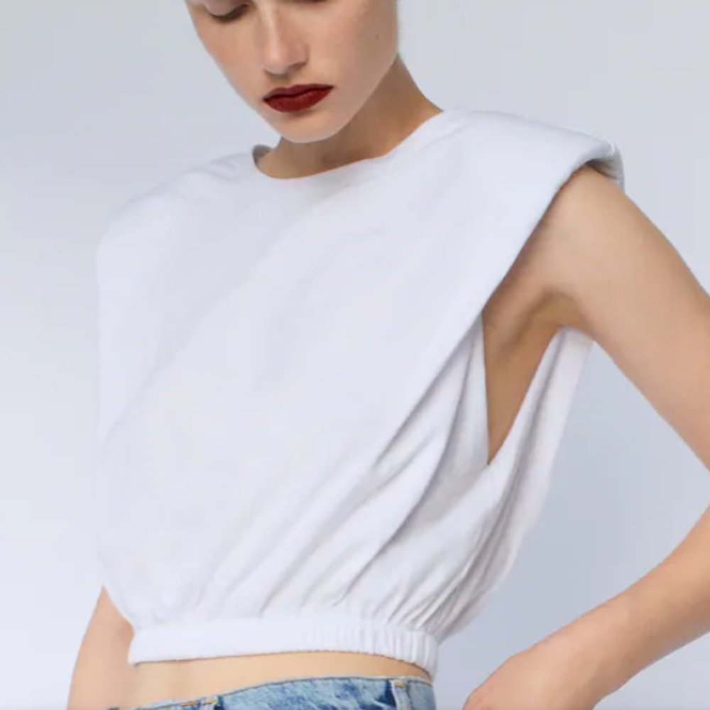 White Zara TRF Shoulder Pad Shirt Medium